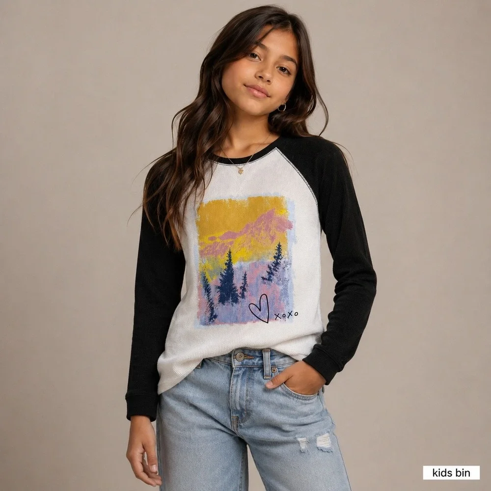 Old Navy Kids XL 14 Raglan Thermal Waffle Shirt Mountain Graphic Black White